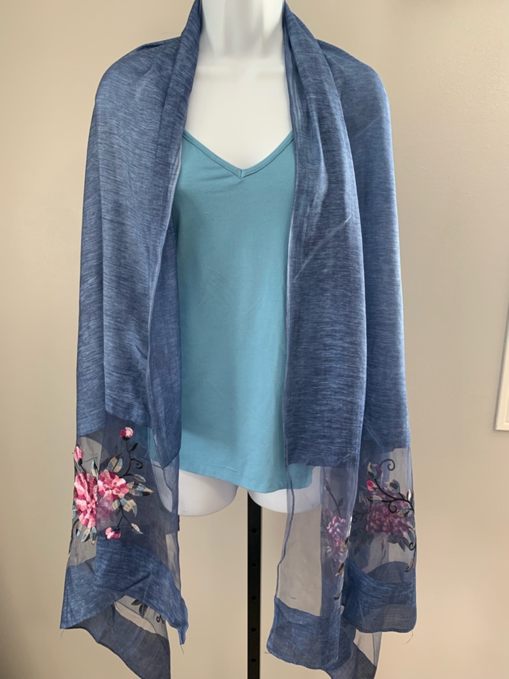 Aratta Indigo Scarf/ Shawl with Pink & Green Floral Embroidery and Cami